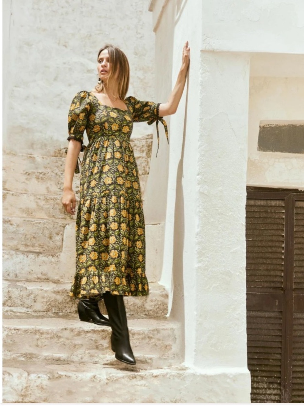 Eddy Smocked Square-Neck Maxi Dress in Olive with Yellow Floral